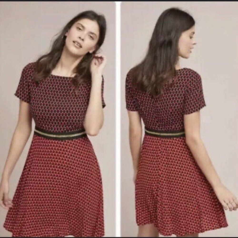 Anthropologie Maeve Amici Rabbit Print Red Dress Size 4 Career